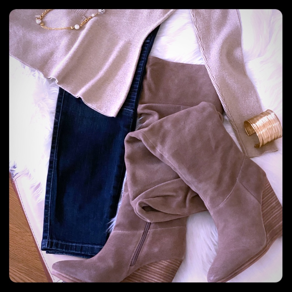 Brand New Taupe Suede Slouch Wedge Boots